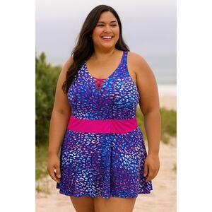 SWIMSUITS FOR ALL pink blue multi skirted one piece swimsuit dress plus size 22